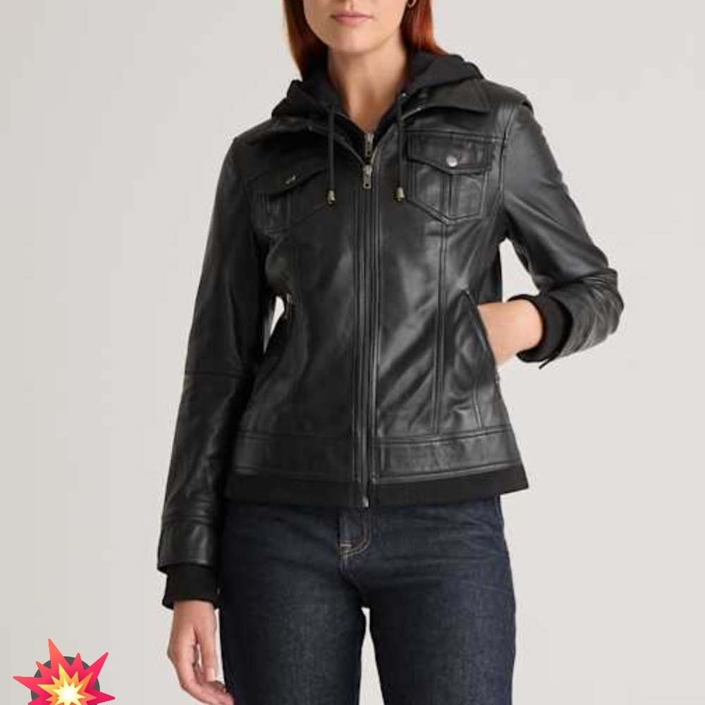 Quince Black Leather Jacket with Hood